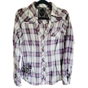 Guess Jeans L Purple Plaid Western Shirt Embroidered~ Pockets Pearl Snap Closure